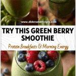 Bright green smoothie in a glass topped with mixed berries and spinach leaves for a colorful presentation.